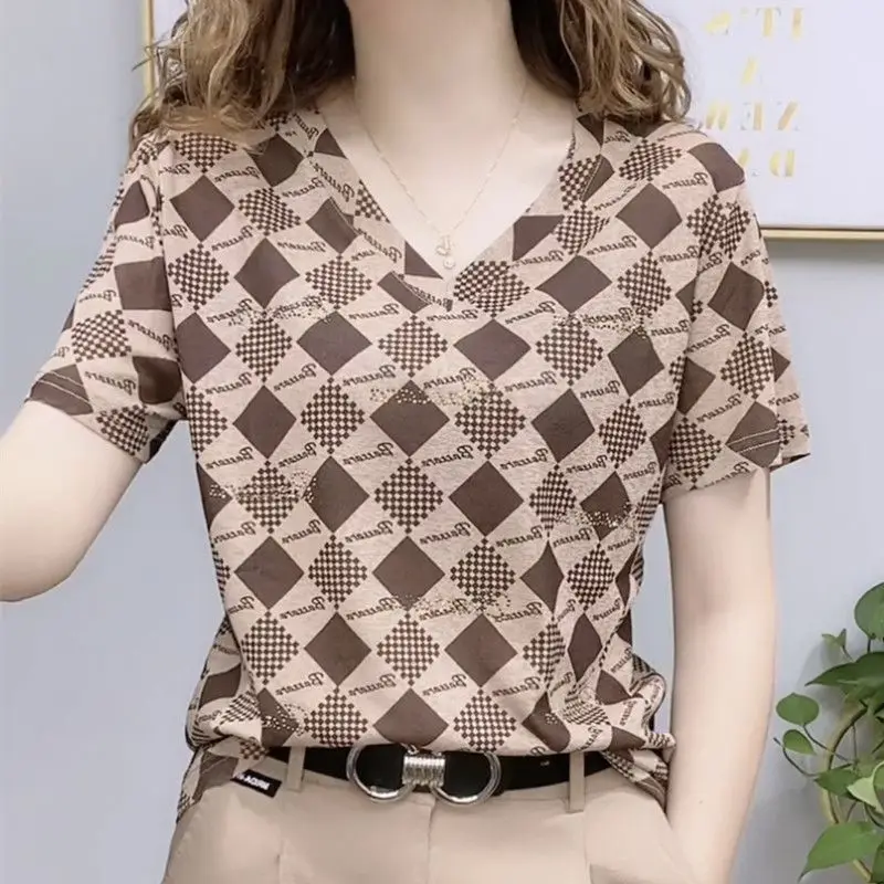 Mulheres Vintage Argyle Imprimir Strass Básico T Shirt Verão Moda V Pescoço Manga Curta Y2K Tops Casual Loose Tees Ropa De Mujer