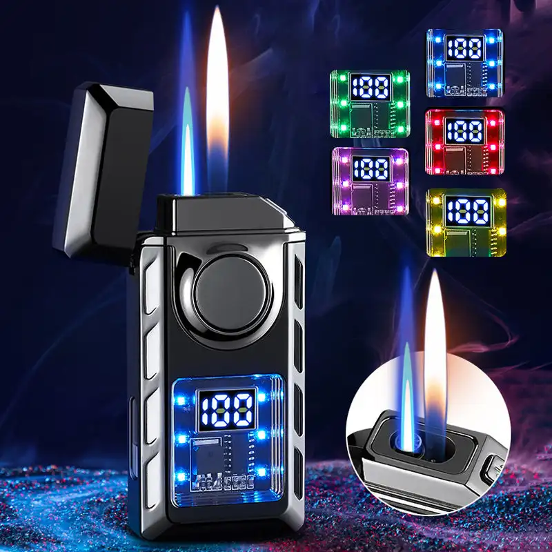 Intelligent Dual Flame Transparent Color Light Visual Movement Inflatable Windproof Lighter Ignition Frequency Display