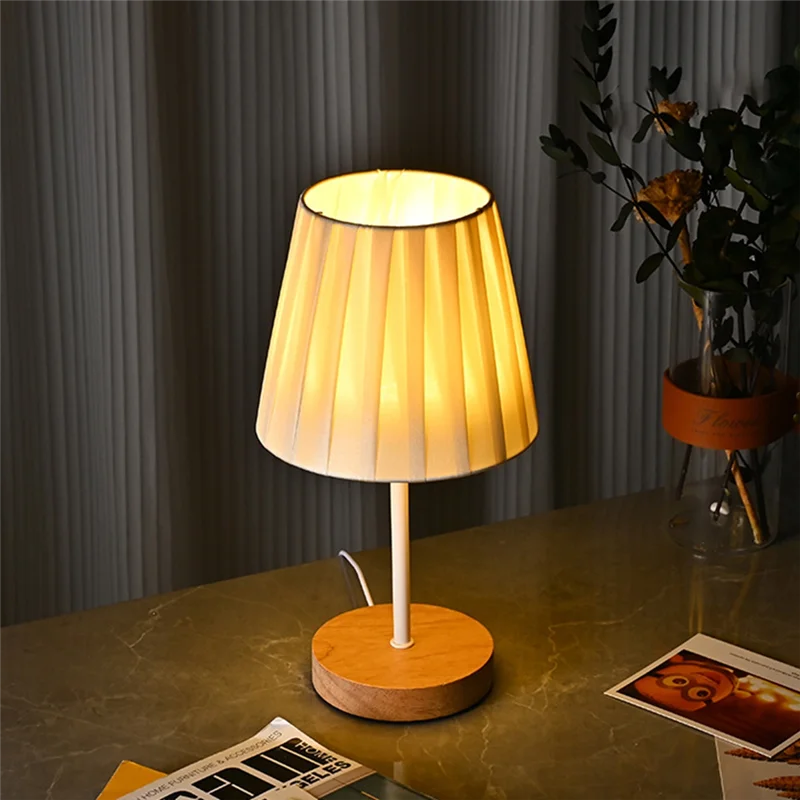 3W LED Desk Lamp Wooden Table Lamp USB Powered - Portable LED Bedside Lamp Withpleated Shade, 3 Color Touch Sensor