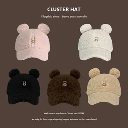 Japanese Embroidery Cute Bear Ears Baseball Caps Autumn and Winter Imitation Lamb Cashmere Warm All-match Peaked Hats for Women