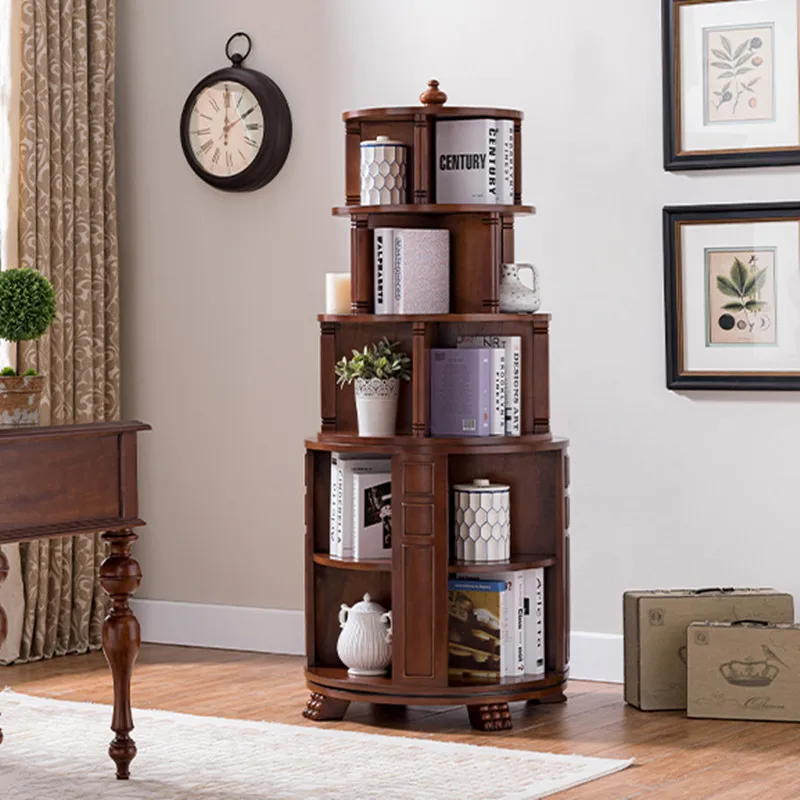

American simple solid wood shelf European style rotating bookcase living room floor bookcase