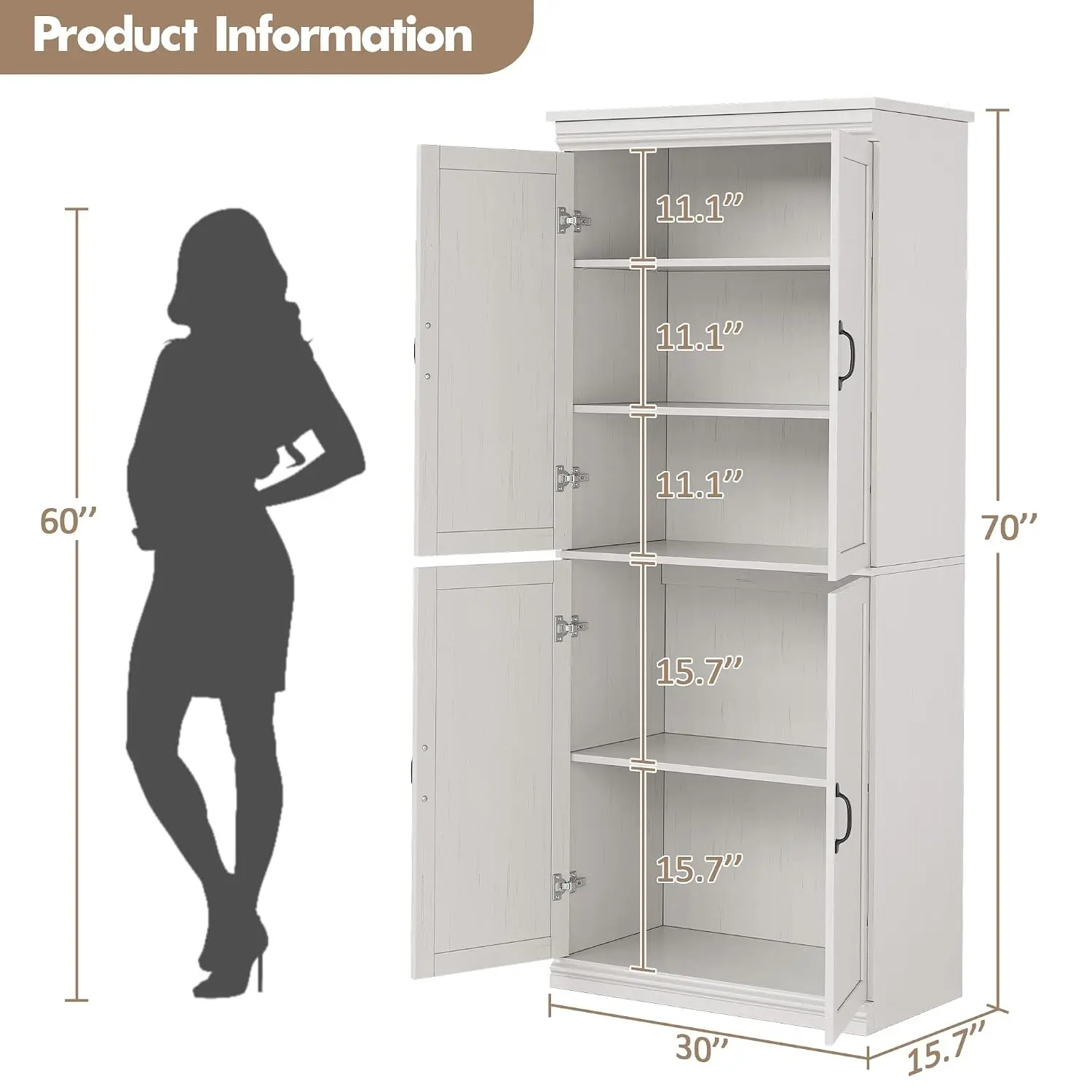 White 4-Door Pantry Cabinet with Adjustable Shelves 70