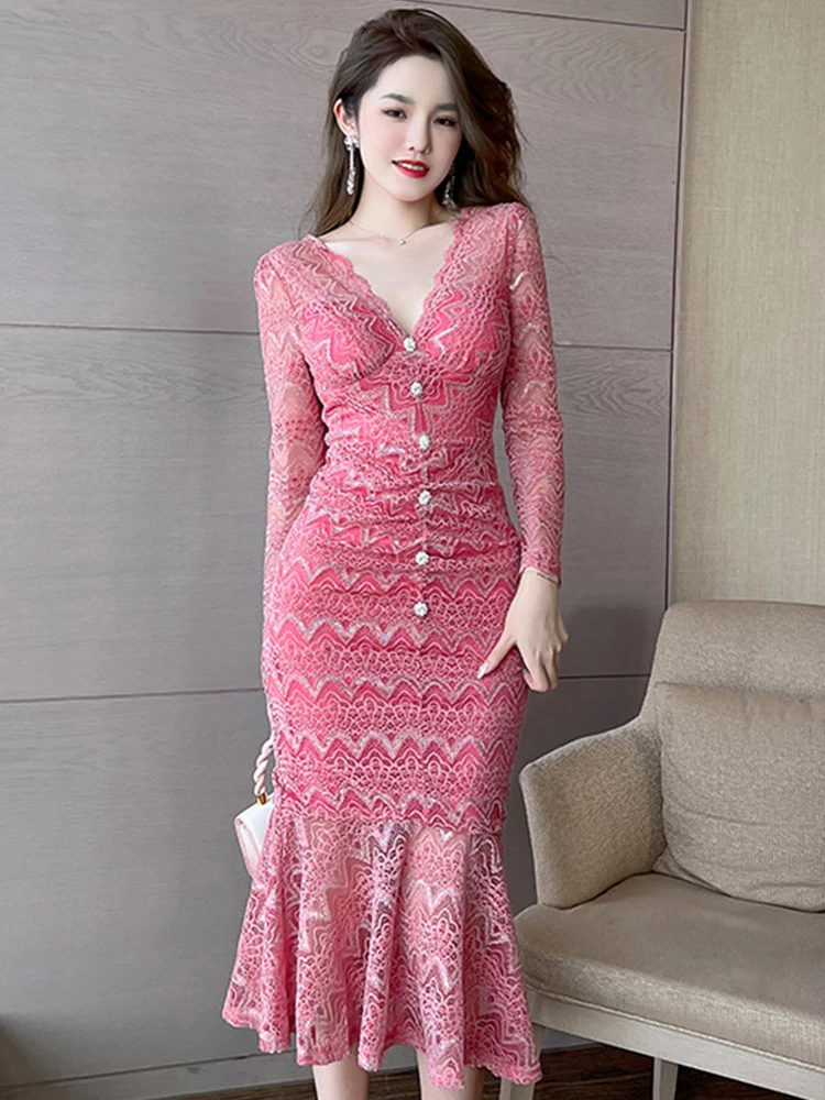 Spring Elegant Fairy Maxi Dresses for Women Pink Sheer Lace Embroidery Shiny Silk Diamond Long Sleeve Mermaid Robe Party Vestido