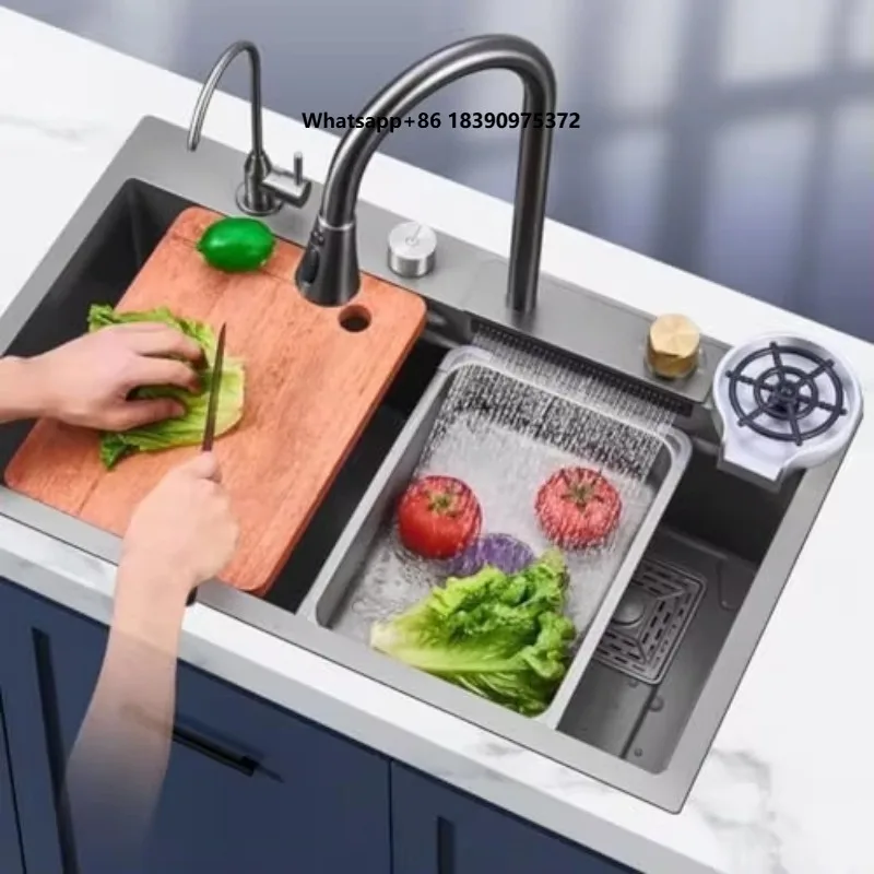 Waterfall Kitchen Sink Built-in Kitchen Sink With Drawout Faucet and Various Accessories