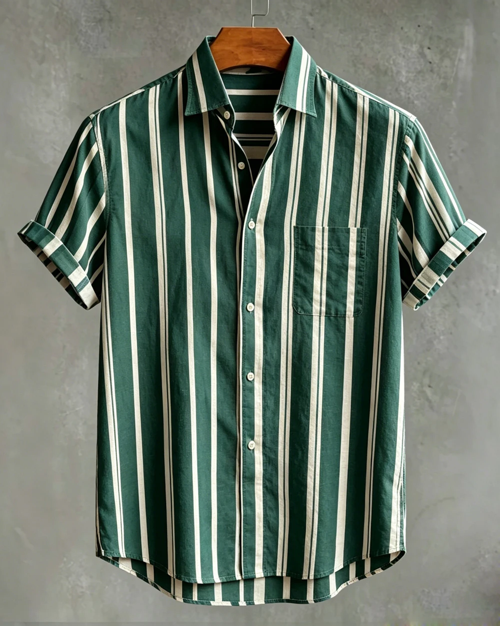 Men's Fashion Simple Short Sleeve Linen Shirt Green White Striped Printed Shirt Hawaii Beach Vacation Casual Business Clothing