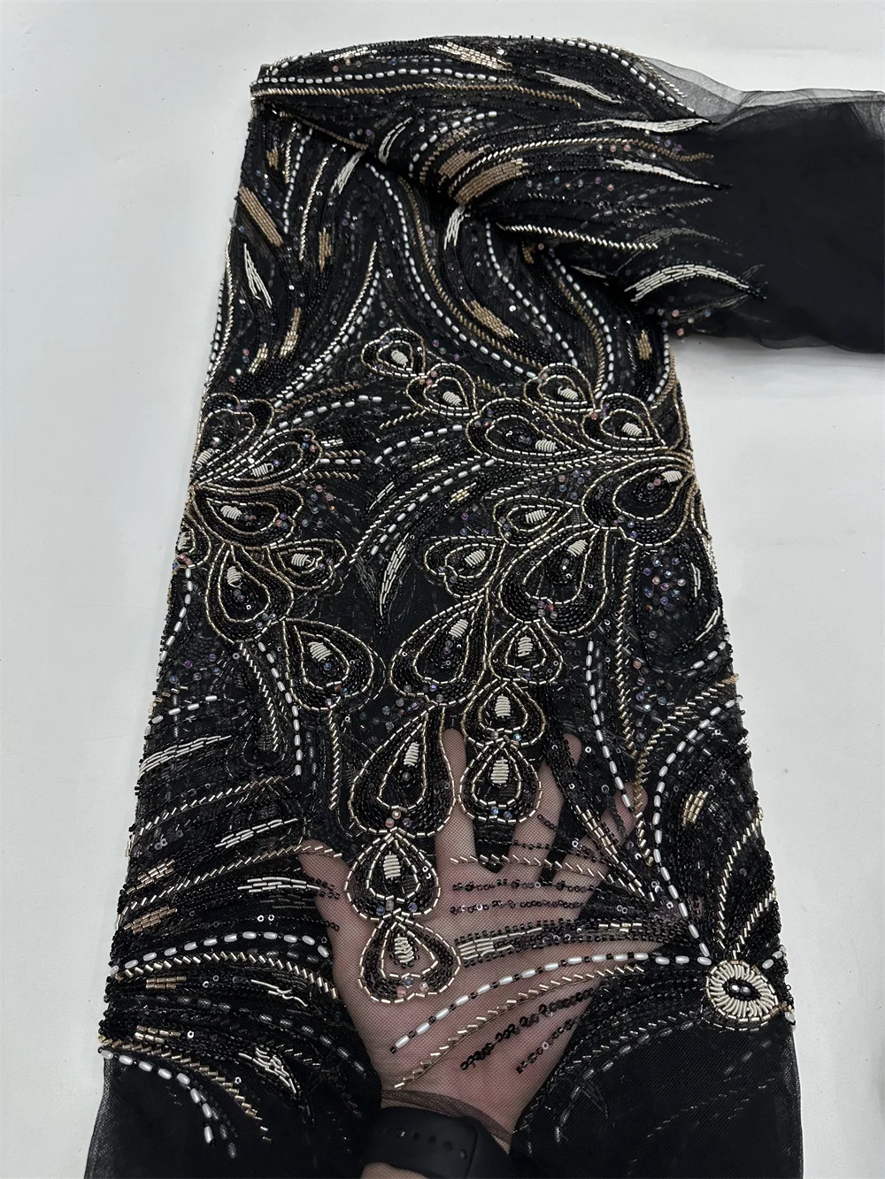 

Кружевная ткань с блестками и бисером, элегантная тюлевая сетка высокого качества, женские свадебные платья, 5 ярдов, вышивка бисером, африканская кружевная ткань