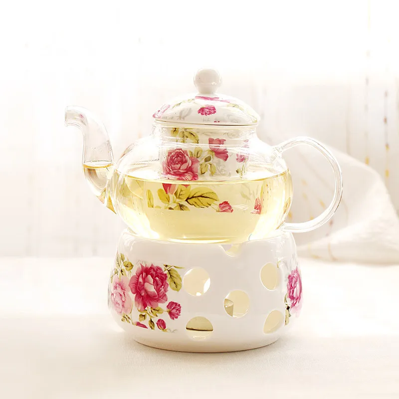 English Light Luxury Flower Tea Pot Set Candle Heating Base Heat Resistant Glass Afternoon Tea Fruit Teapot 600ml Home Gift