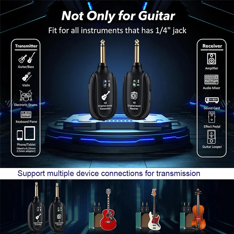 A8 Wireless Musical Instrument Transceiver, Guitar Transceiver Pickup, Wireless Guitar System, Zero-Latency Transceiver, Rechargeable Lithium Battery, Wide Reception Range, Long Usage Time, One-To-Two Connection, Zero-Latency Audio Transmission, Plug-And-Play, Suitable for Guitar, Bass, Violin, Keyboard - Black