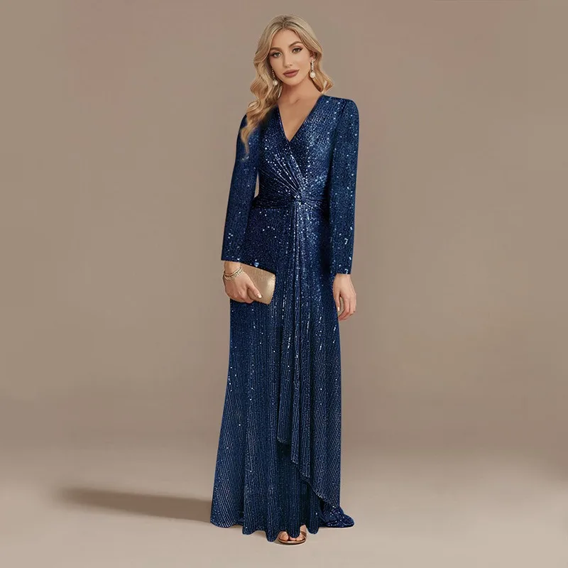 

2026 New Sequined European and American Long-sleeved V-neck Banquet Dress Evening Dress Women