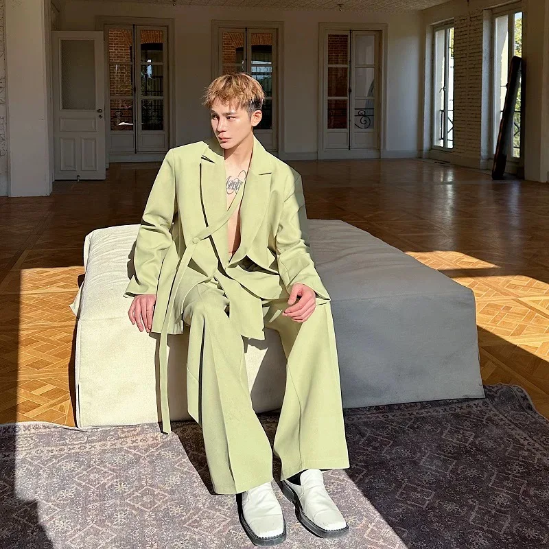 Men Chic Ins Trendy Y2K Blazer Pants Sets Male Bandage Ribbon Fashion Festival Formal Party Dinner Banquets Date Suit Outfits