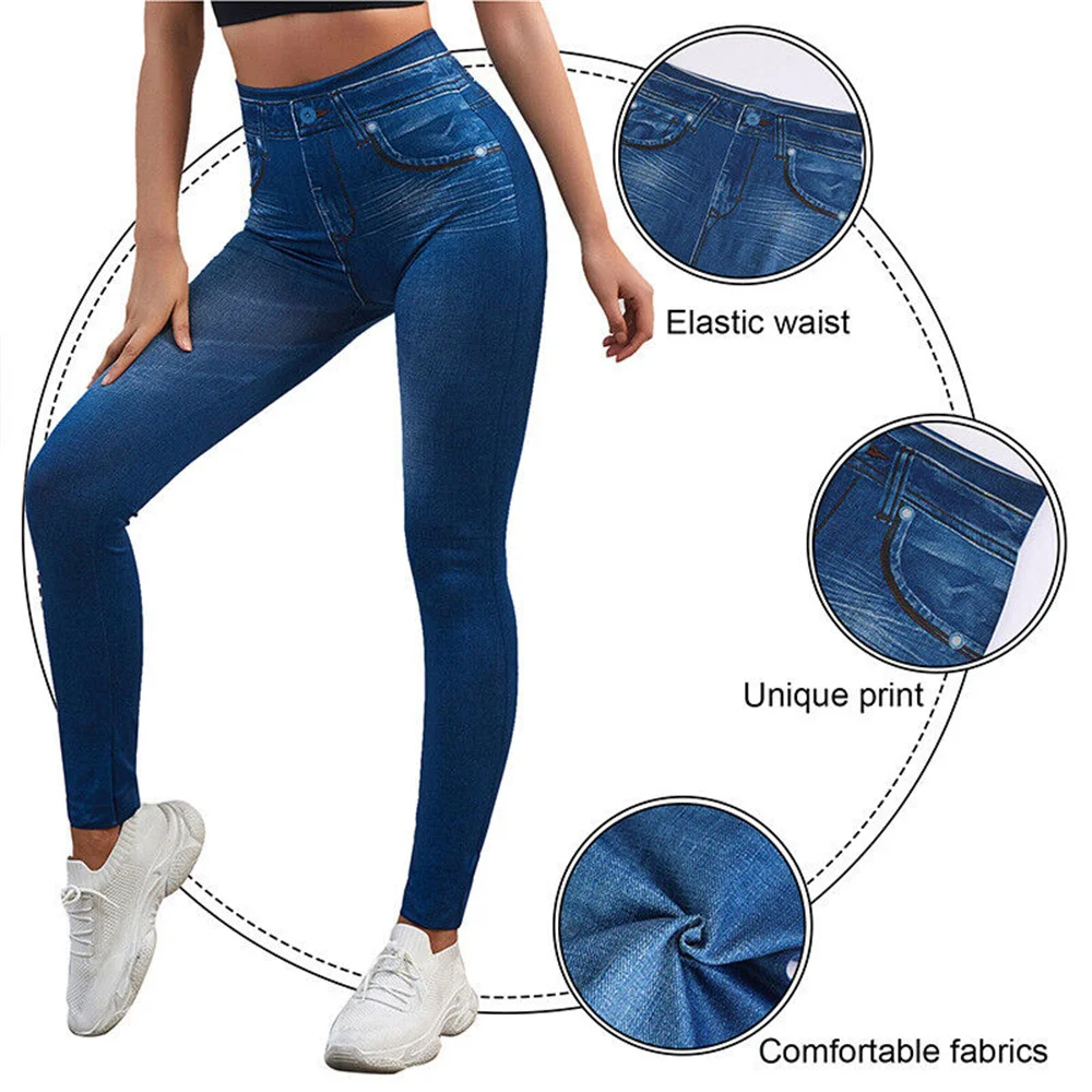 Women Jeggings Faux Denim Jeans Leggings High Waist Tummy Control Pencil Pants Sexy Plus