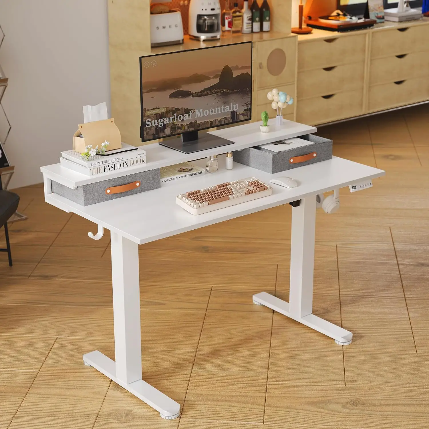 Electric Standing Desk 2 Drawers 48 Inch White 28.35 46.46in Adjustable Height 3 Memory Presets Monitor Shelf Cable Management H
