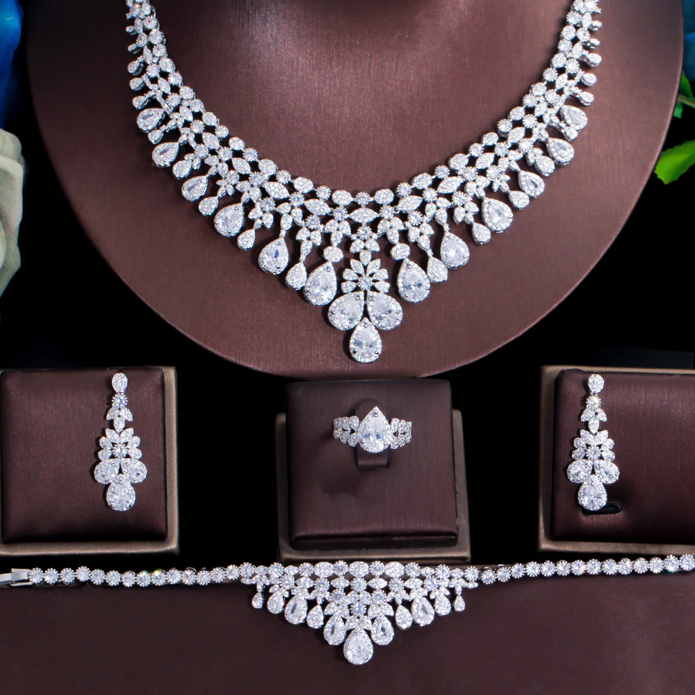 ThreeGraces 4pcs Luxury Bridal Wedding Party Gorgeous Water Drop Necklace Bracelet Earrings Ring Jewelry Set for Brides TZ660