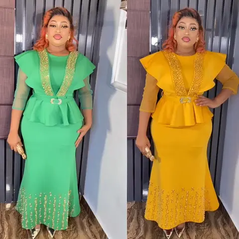 Sexiga pärlmönster eleganta kvällsklänningar för kvinnor nät lapptäcke toppar hög midja kjol 2-delade set klänningar ankara turkiskt kläder 8 best sales kvinnor Ankara modeklänning - №1