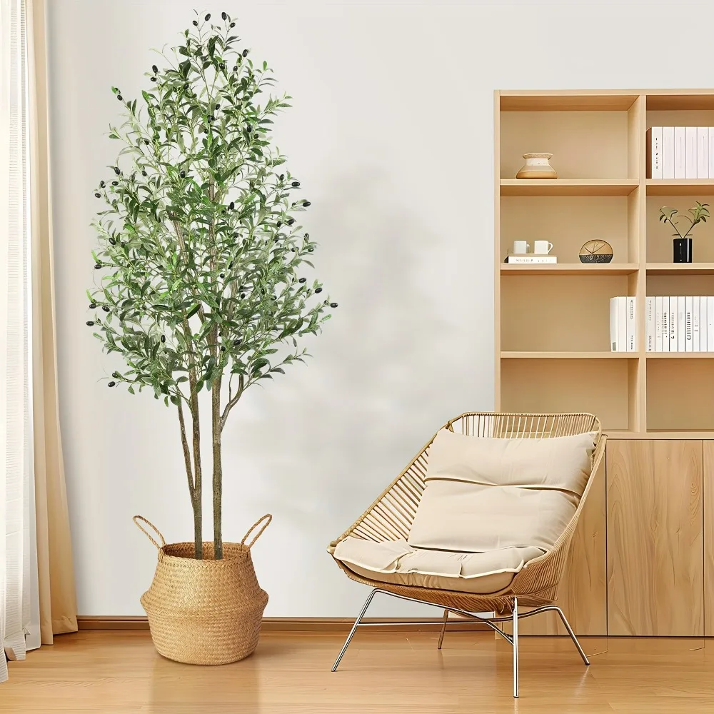 

7Ft Tall Artificial Olive Tree - 84In/213Cm Potted Plants Artificial Decorative, 1512 Silk Leaves & 84 Fruits, Realistic Wood Trunk & Faux Moss - for Home Decor Living Room, Indoor & Outdoor Summer for Home Decor, Housewarming Gift, 4/5/6/7Ft