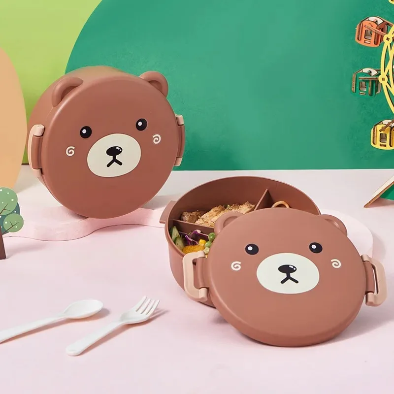구획이있는 귀여운 곰 도시락 상자 뚜껑이있는 점심 식품 용기 Almacenamiento Cocina 어린이 학교를위한 휴대용 도시락 상자