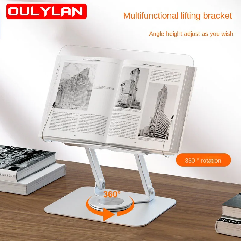 Tablet Laptop 360° Rotate Reading Rack Aluminum Alloy Acrylic Panel Bracket Heightening Holder Folding Lifting Reading Bookshelf