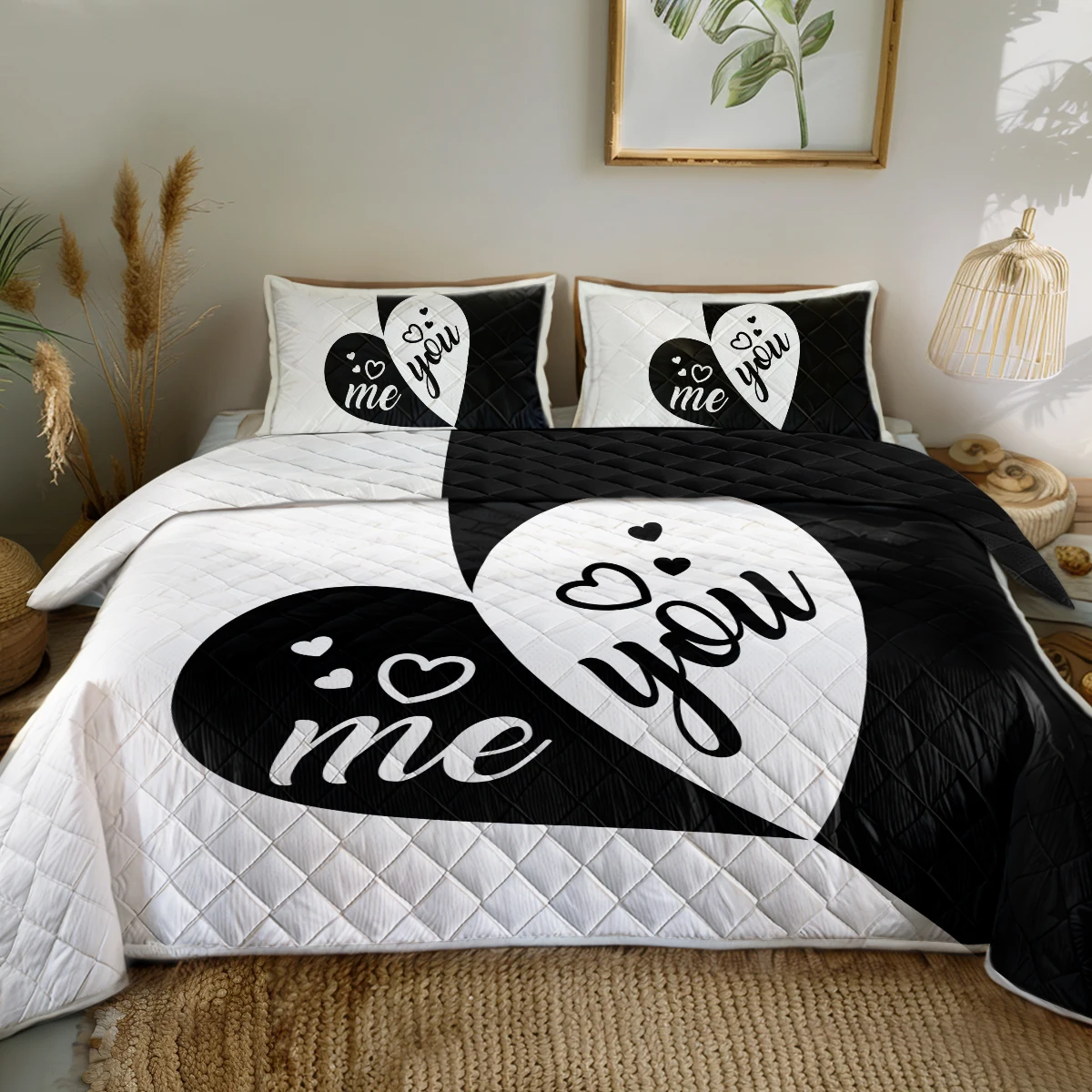 

3 Piece White Love Hearts Printed Decor Bedding Set for Kids Boys Girls You and Me Bed Set 1 Coverlet and 2 Pillowcases