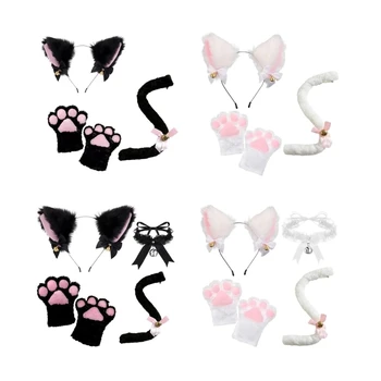 3/4Pcs Halloween Party Ears Set Plus Cute Paw Gloves Cosplay Animation Exhibition Character Handmade Plush Props Hair Accessor