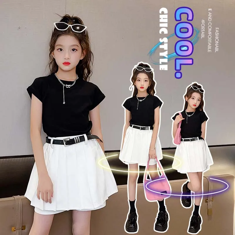 Korean Summer Junior Girl 2PCS Clothes Set Teenager Girl T-shirt O-neck Top+Pleated Skirt Children Girl Sets Girls From 4-12Yrs