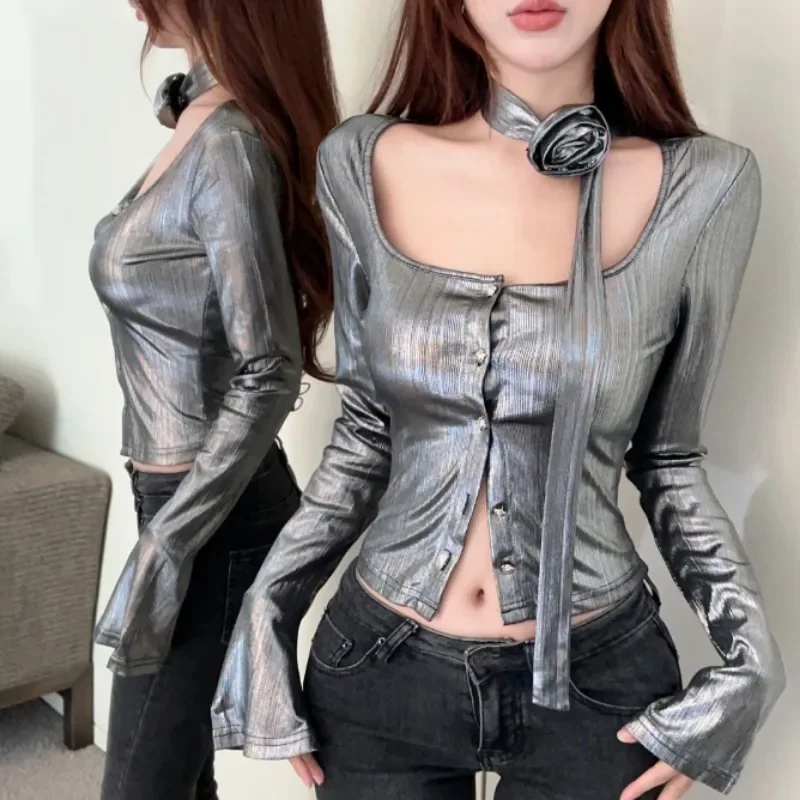 Halter Neck Women's Long Sleeve T-shirt Crop Top Female Spring Autumn 2025 High Quality Clearance Kpop Y2k Fashion Korea Elegant