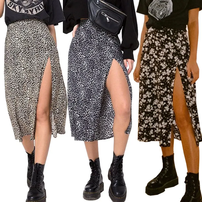 Women's Skirt Summer Sexy High Waist Slit Floral Skirt Leopard Print Skirt Slit Hip Cover Skirt Mid-Length A-Line Skirt