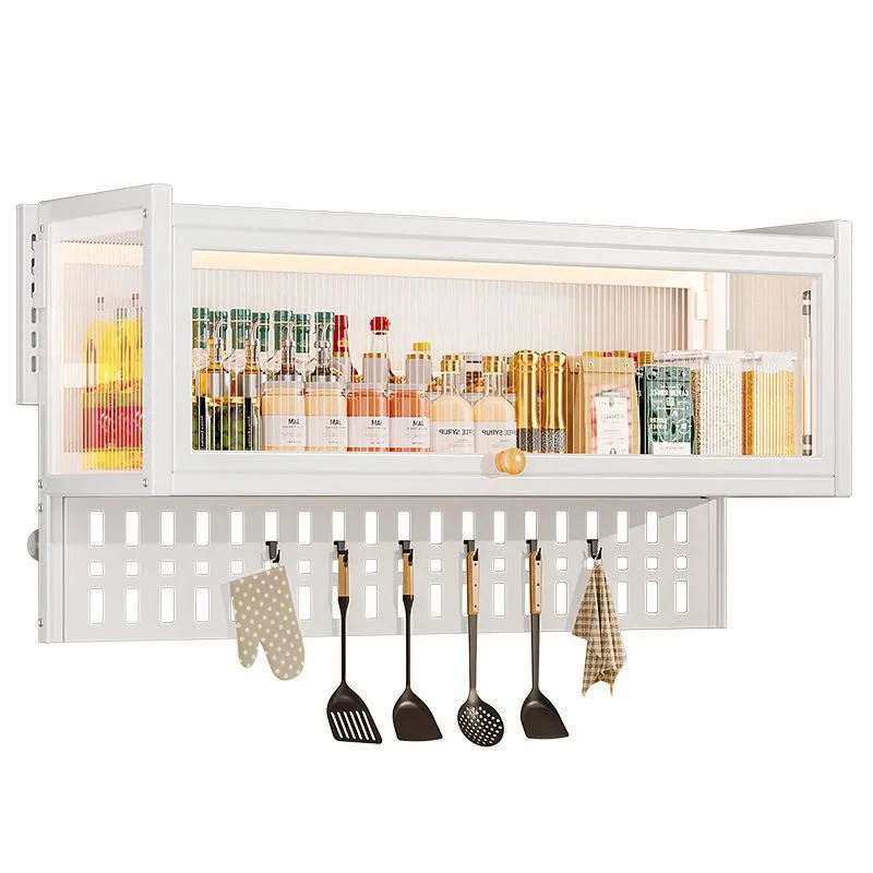 No-Drill Glass Non-Folding Multifunctional Wall-Mounted Kitchen Storage Rack Dustproof Cabinet for Pot Seasoning Tools Classic