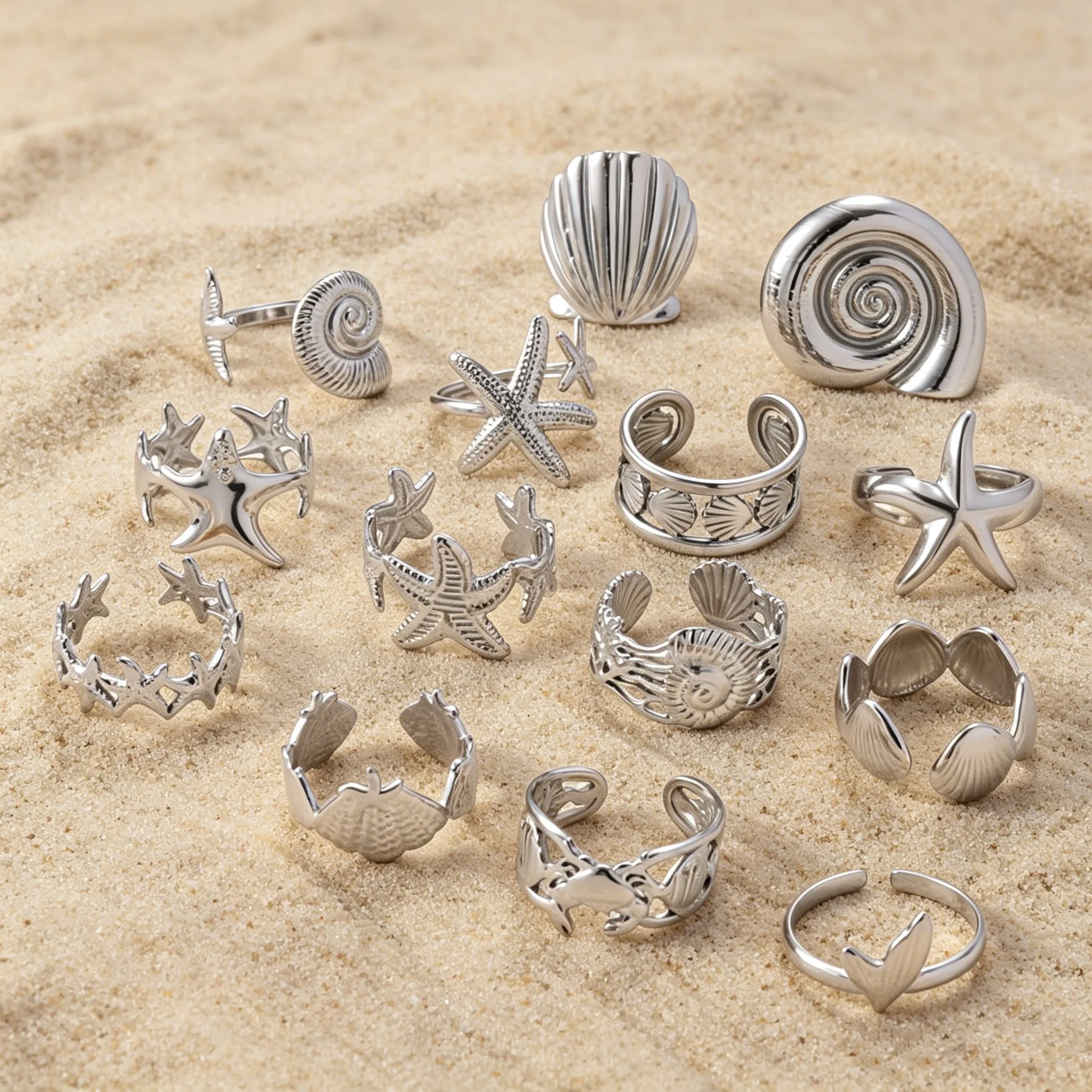 3pcs Ocean Element 304 Stainless Steel Crab Conch Starfish Summer Beach Ring Chic Fish Tail Scallop For Women Vacation Jewelry