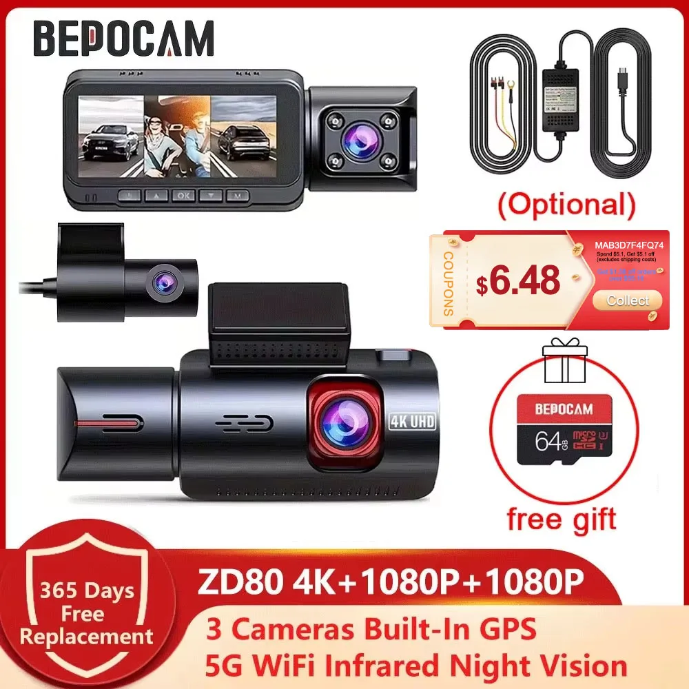 BEPOCAM 4K Dash Cam 3 lentes cámara de salpicadero GPS incorporado Wifi 24H Monitor de estacionamiento visión nocturna 5G coche DVR Dashcam APP Control ZD80