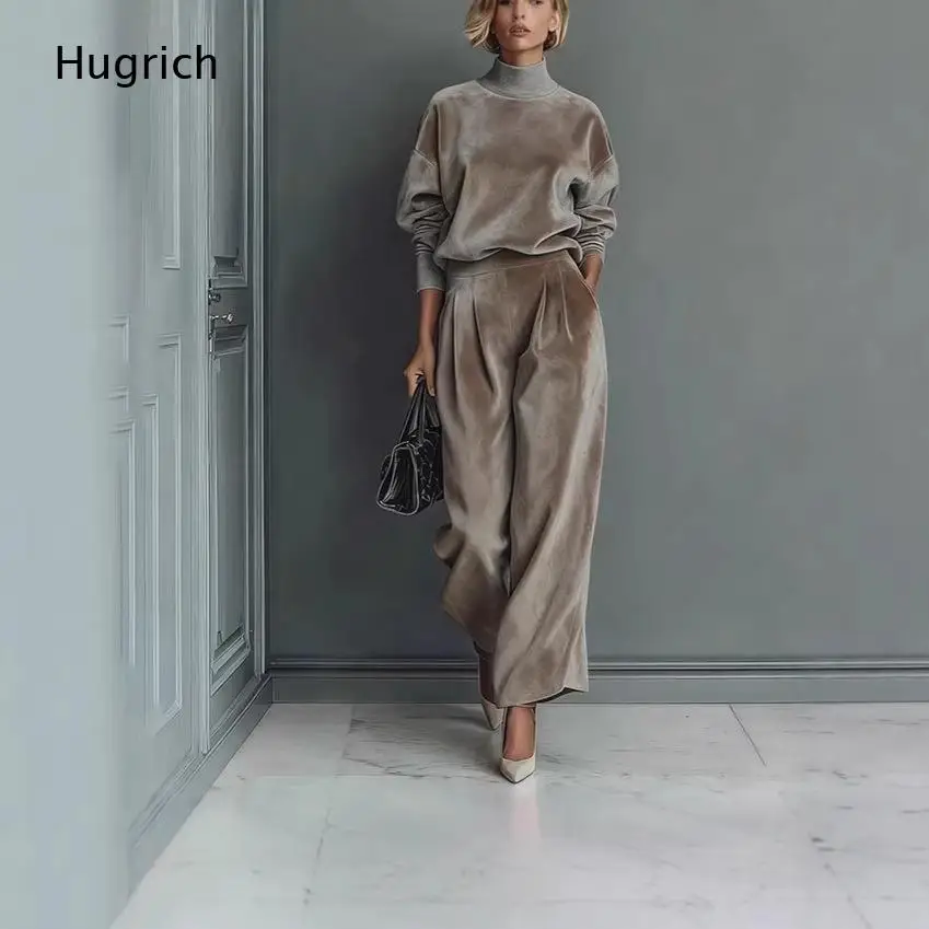 Damen Samt-Set mit Stehkragen, Oversize-Oberteil, Hochgeschnittene Plissee-Hose, Weicher Warmer Lässiger Streetwear-Anzug