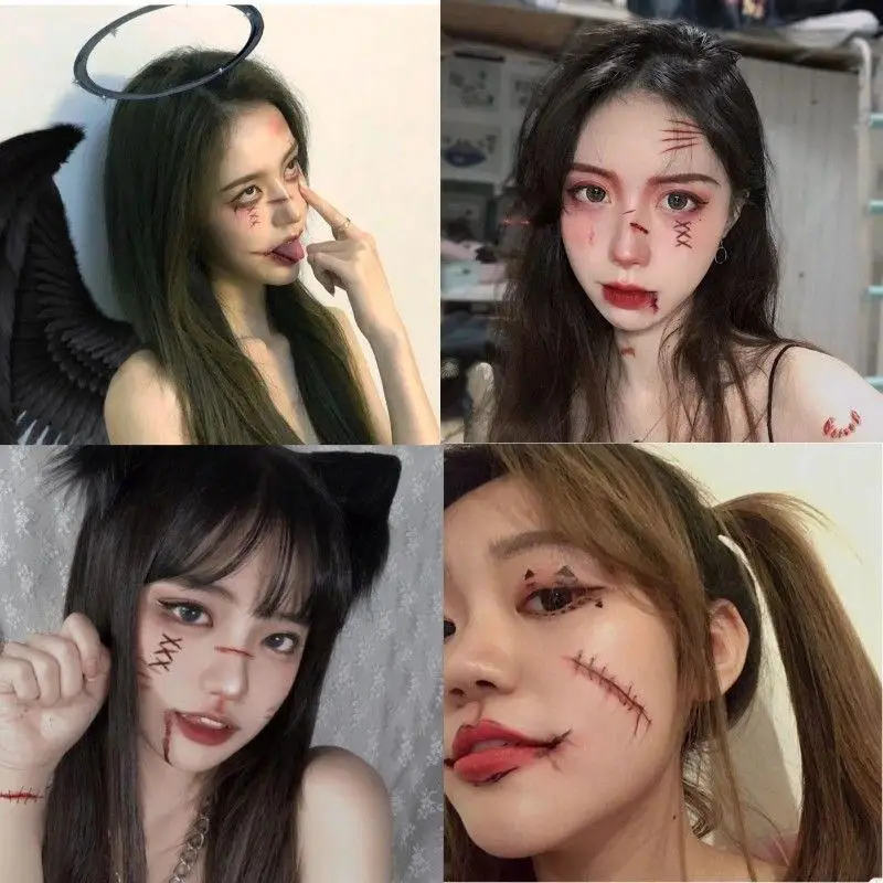 【B】6 Sheets 3D Fake Scar Tattoos Stickers Realistic Temporary Bloody Wound Halloween Horror DIY Makeup