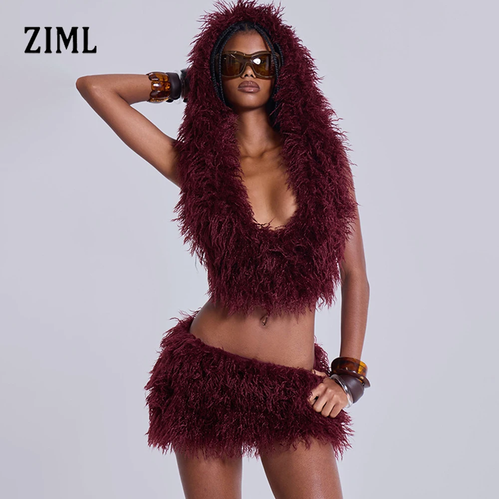 

ZIML Solid Fur Two Piece Set for Women Hooded Sleeveless Short Top High Waist Mini Skirts Chic Set Female Autumn Fashion Style