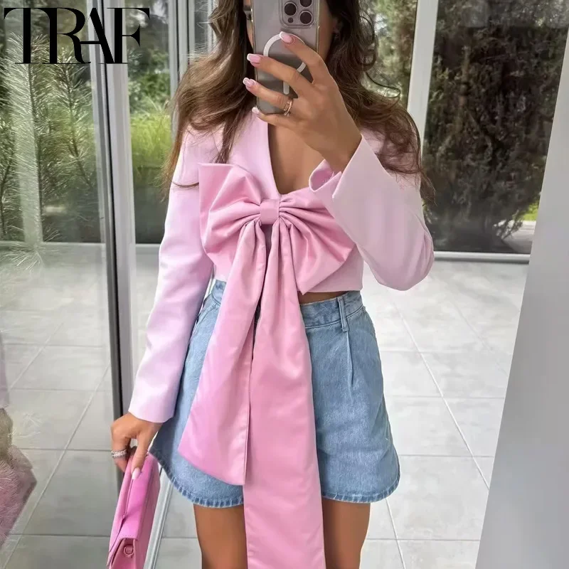 TRAF 2024 Bow Cropped Pink Blazer Woman Pleated Autumn Long Sleeve Blazer Casual Solid Short Blazer Elegant Women's Jackets