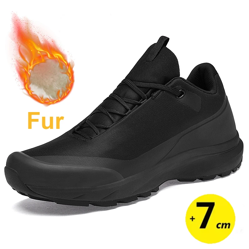 7cm Men's Elevator Shoes Winter Warm Height Increasing Boost Sneakers Casual Shoes Lift Fur Lined Flats Platform Thick Sole