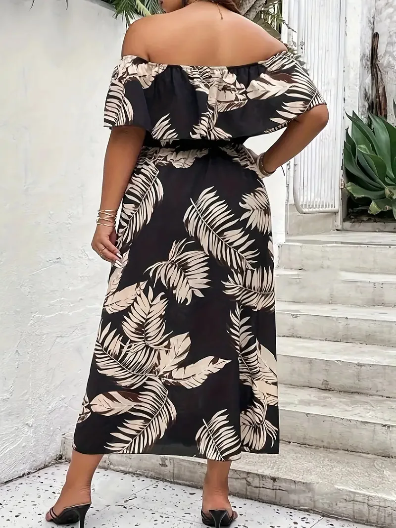 GIBSIE Plus Size Tropical Print Ruffle Off Shoulder Dress For Women Beach Vacation Casual Split Thigh A-Line Summer Long Dresses