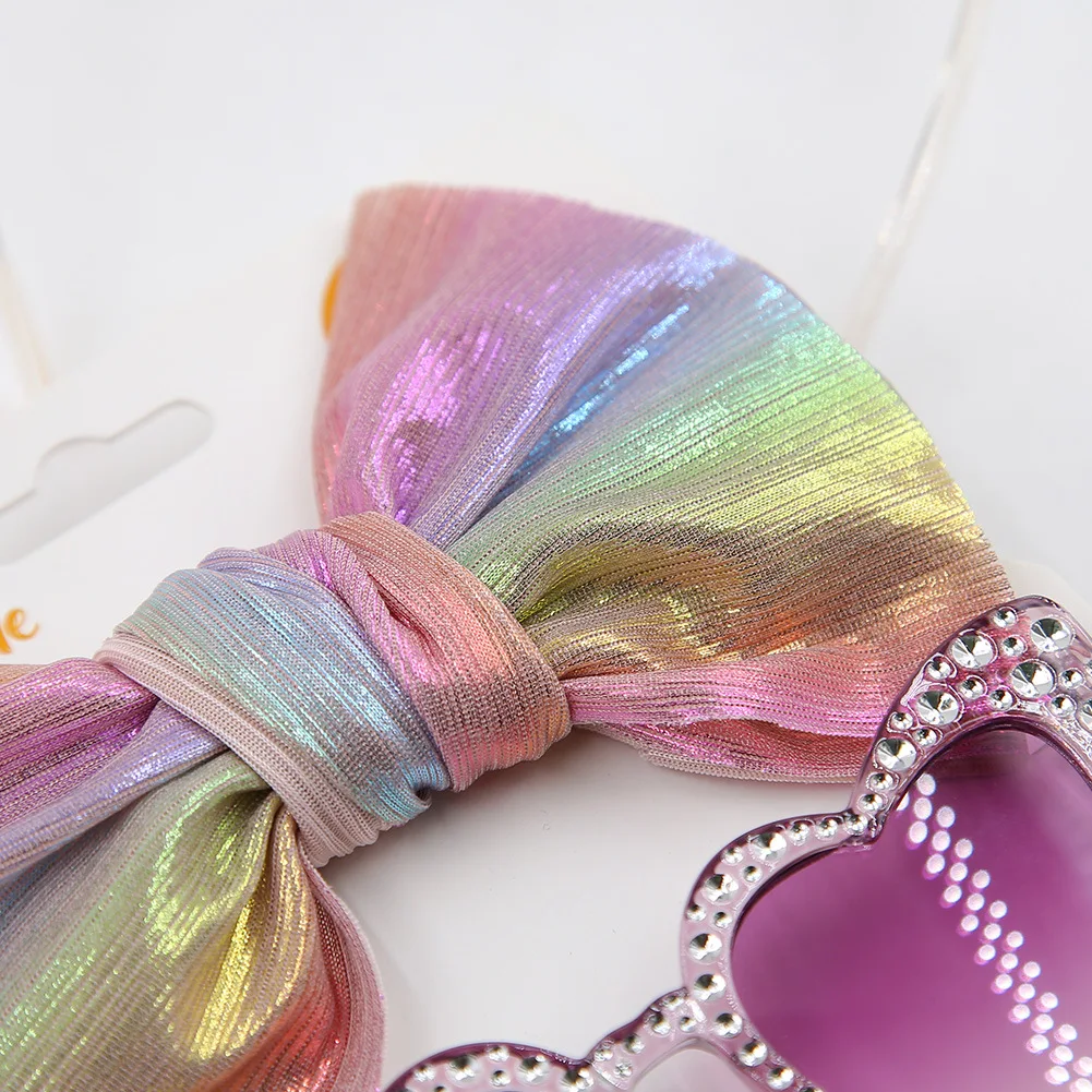 Baby Sparkly Cool occhiali da sole Bowknot fascia Set Shinning Pearl Bow fascia per capelli occhiali da sole per bambini fasce in Nylon con stampa arcobaleno