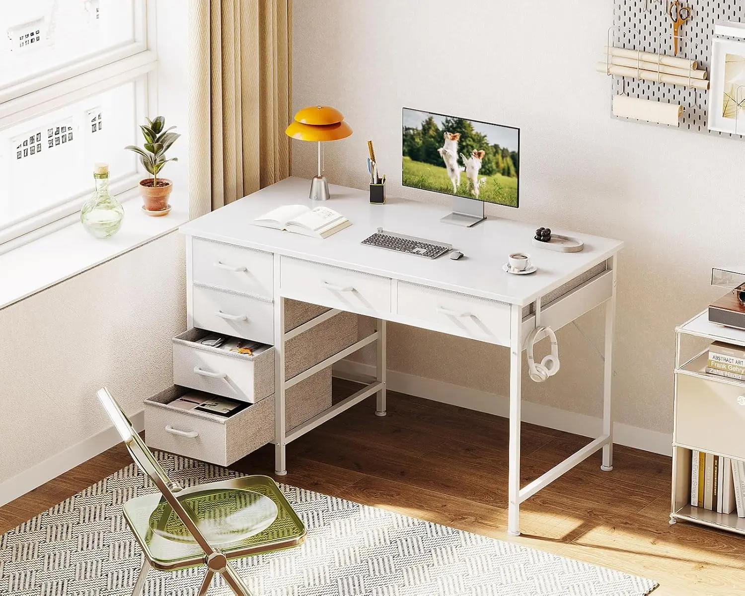 Computer Desk with 6 Drawers, 40 Inch Small Desk with Storage, Work Study Table for Bedroom, White