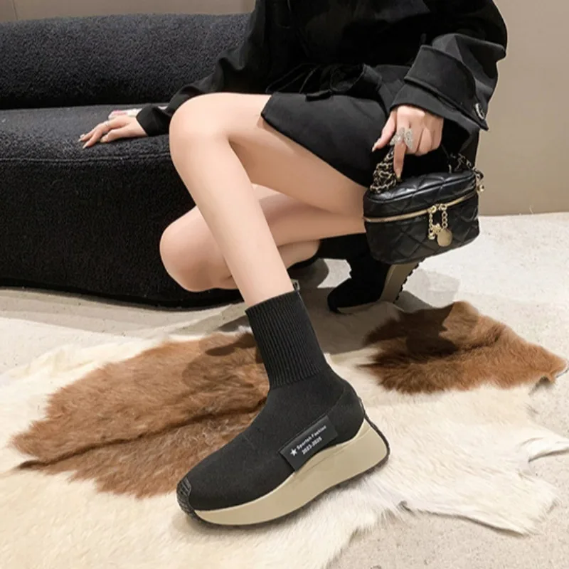 Women Sock Boots Knitted Elasticity Ankle Boots Non-slip Platform Slip On Boots Versatile Vulcanized Shoes Zapatos Para Mujeres