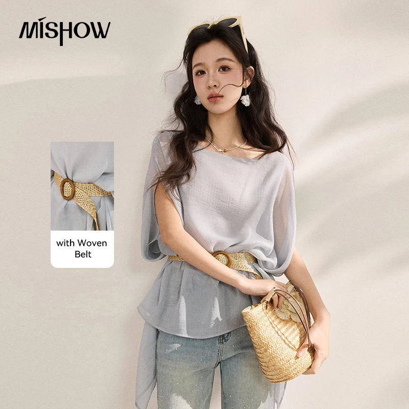 

Женская шифоновая блузка MISHOW с рукавами «летучая мышь», летняя коллекция 2026, светло-голубая, свободный крой, элегантная повседневная рубашка с бесплатным поясом MXF24X2614