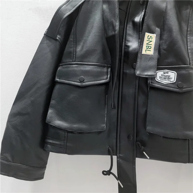 Kurtka motocyklowa Bla Biker, luźny krój, stójka, skóra PU, damska, wiosenno-jesienna, modna odzież wierzchnia, stylowa i wygodna.