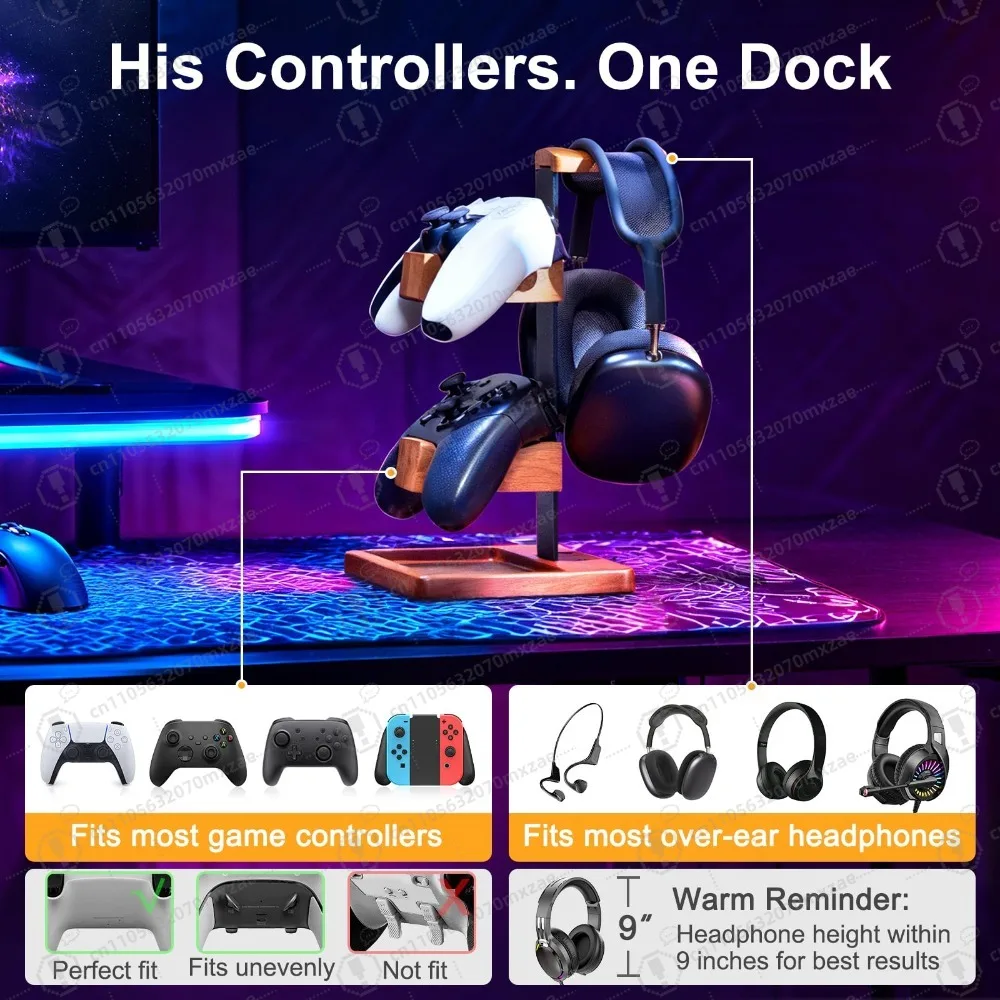 رف مثبت على الحائط من الخشب الصلب مع حامل وحدة تحكم وحامل سماعة الرأس لملحقات الألعاب وتنظيم المدخل والقبعات