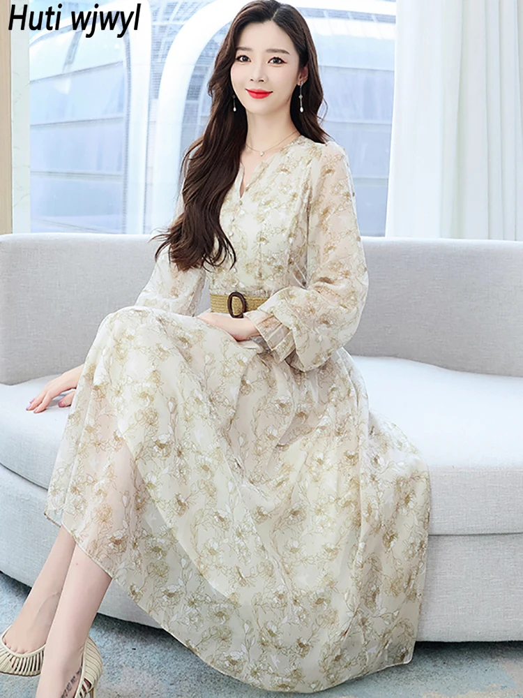 

Spring Autumn Floral Chiffon Casual Boho Long Robe Women Elegant Bodycon Party Luxury Dress 2024 Korean Fashion Prom Night Dress