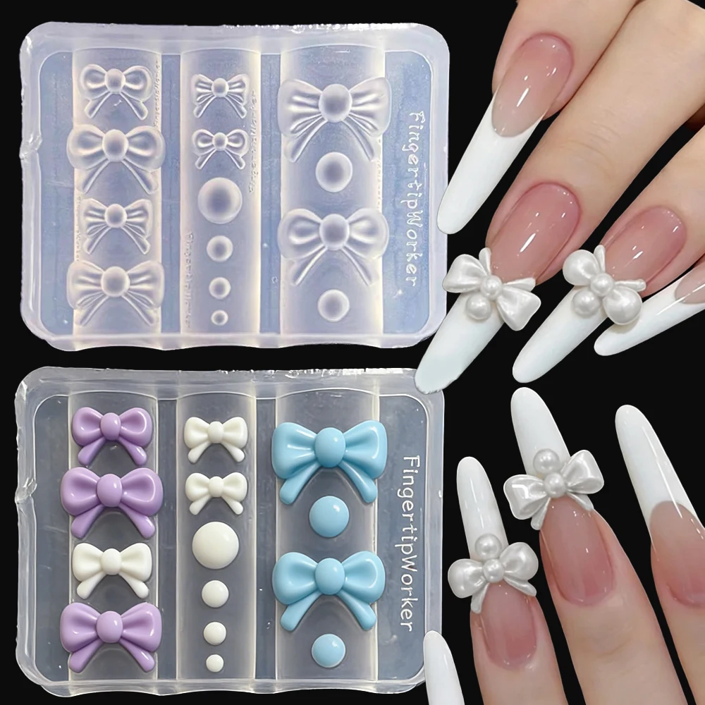 1Pcs Cute Bowknot Pearl Nail Carving Molds Silicone Design Reusable Filler Nail Stamping Plate Acrylic Bow Nail Template Stencil