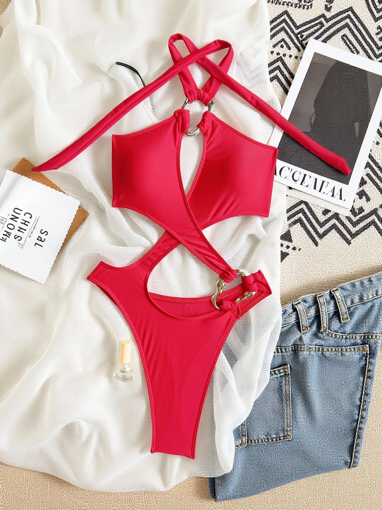 sexy black ring bikinis one piece cross hollow high waist bathing suits biquini back tie swimwear women beach monokini beachwear