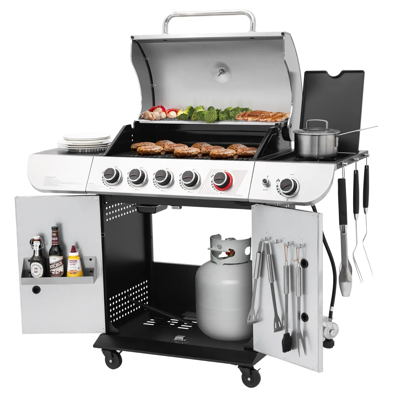 

5-Burner Gas Grill with Sear Burner and Side Burner,Silver