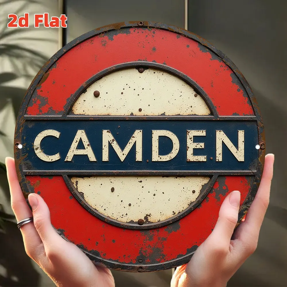 Letrero Metálico Redondo Vintage con Diseño Retro de la Estación de Metro de Camden, Londres, con Acabado Desgastado y Estilo Plano 2D - Nostalgia