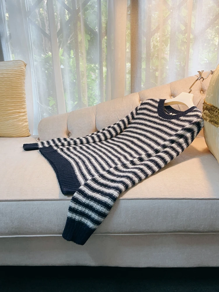 

Цвет ретро, блузка, синий, белый, полосатый, пуговицы, шерстяной тонкий вязаный свитер, женский круглый Ne Long Sve, стандартный крой