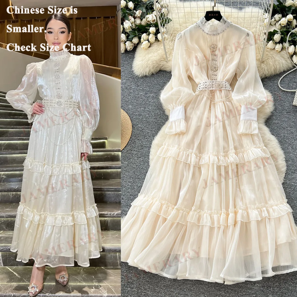 Elegante verano otoño satén manga larga Maxi Vestido de pastel mujeres volantes vestidos de noche de cristal Hada dulce Vestido con cuentas de cristal