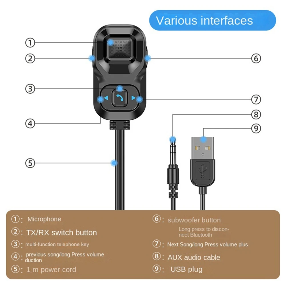 Récepteur Bluetooth de voiture AUX 3.5mm, adaptateur audio, émetteur Bluetooth 5.1