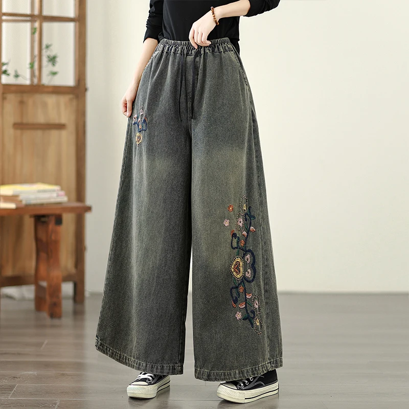 Retro Heavy Embroidery Soft Denim Wide Leg Pants Casual Loose Fit High Waist Cotton Polyester Blend Four Season Wear